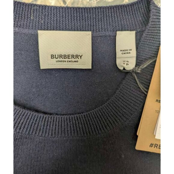 Burberry Women’s Bempton Wool Elbow Check Patches Crewneck Pullover Jumper Navy - Picture 6 of 9